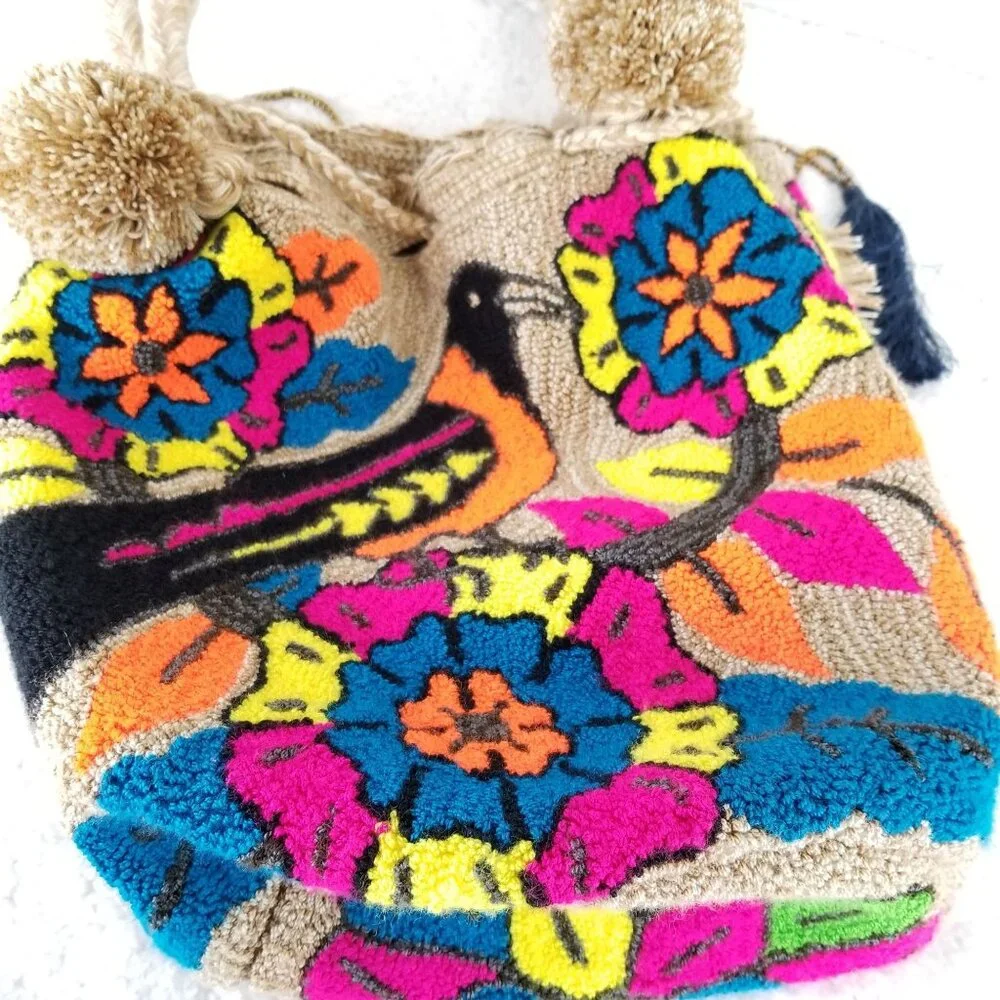 Handwoven Boho Bird & Floral Design Tote Bag With Tassels‎ & Pom-Poms《321》P